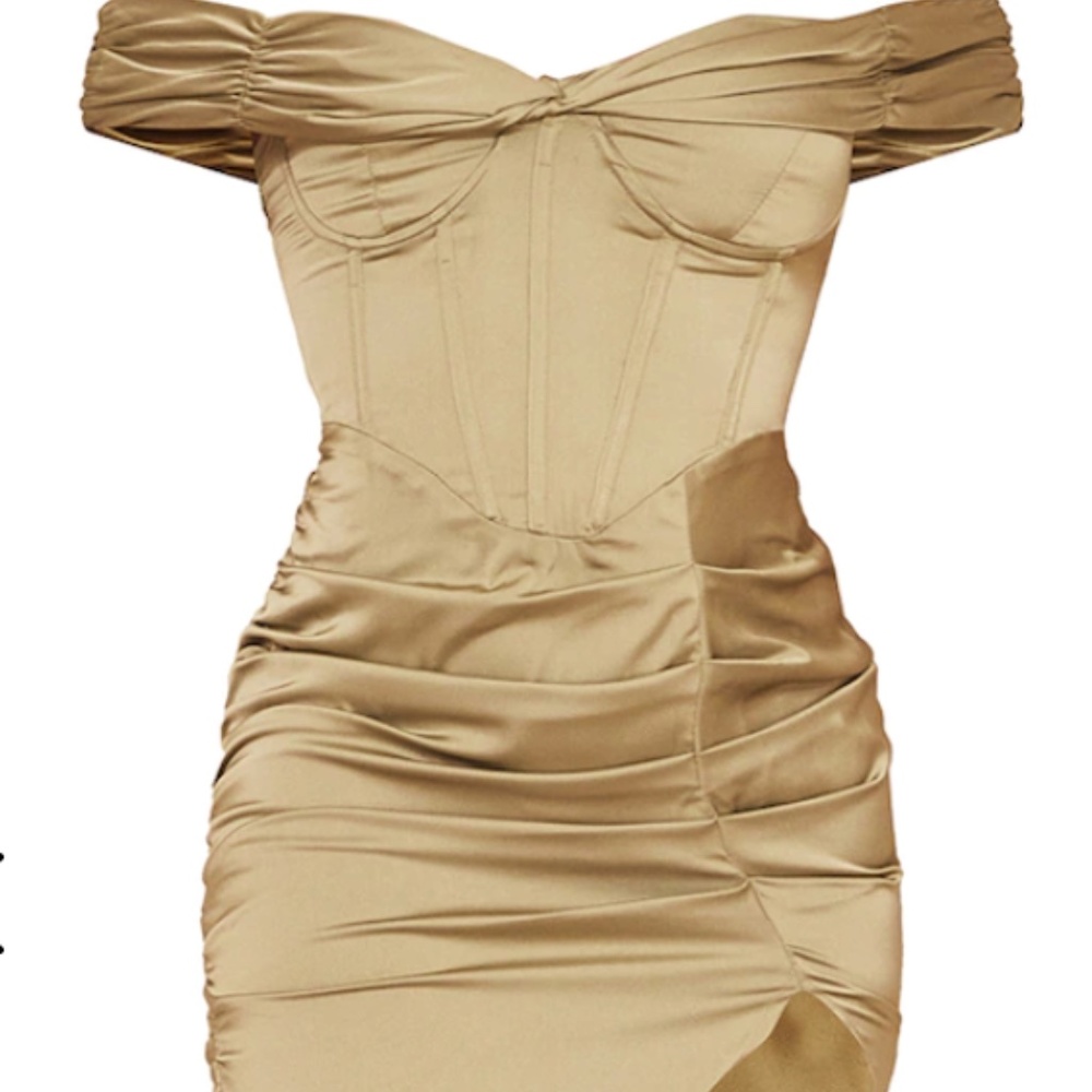 PLT Olive Satin Corset Detail Bardot Gathered Skirt Midi Dress | Size 12 (L)